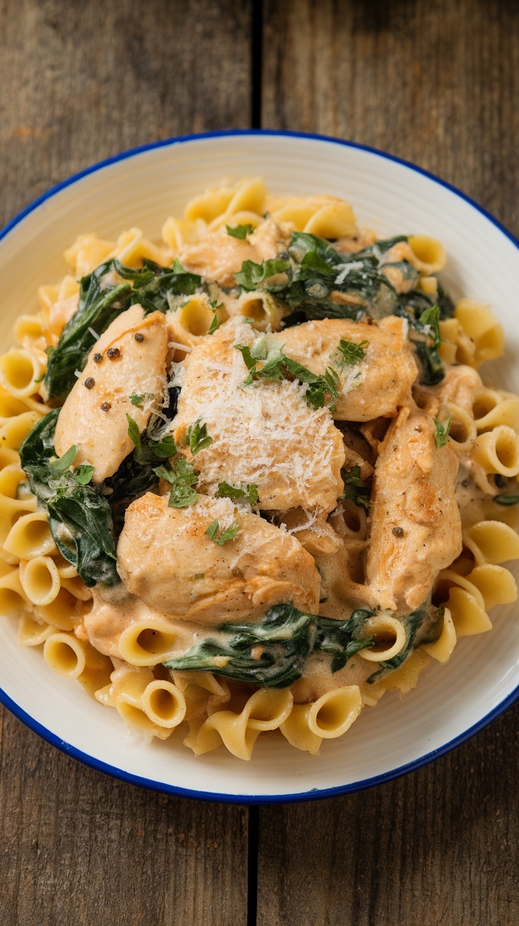 Creamy Pasta Milano with Chicken and Spinach A creamy pasta dish with chicken and spinach on a plate, garnished with Parmesan and parsley.